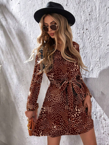 All-Over Allover Print V-Neck Belted Elegant Long-Sleeved Dress