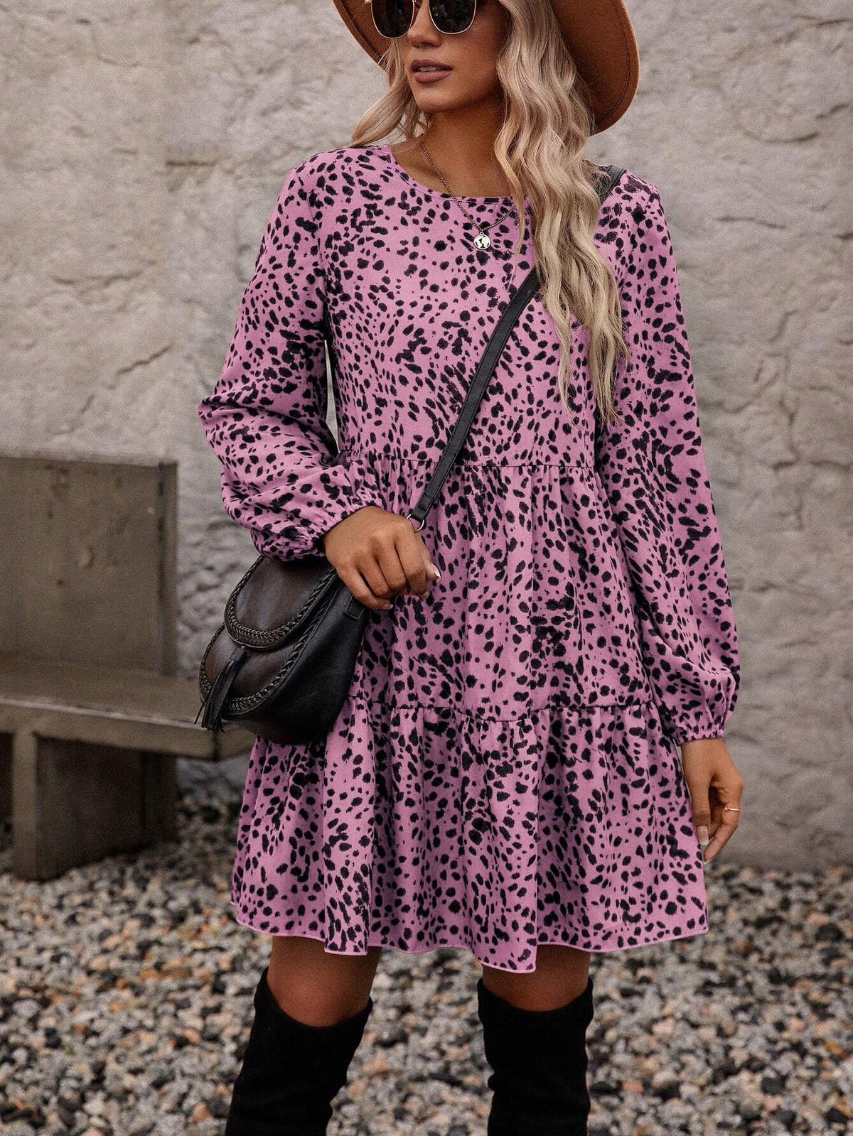 All-Over Print Round Neck Ruffle Hem Long Sleeve Dress
