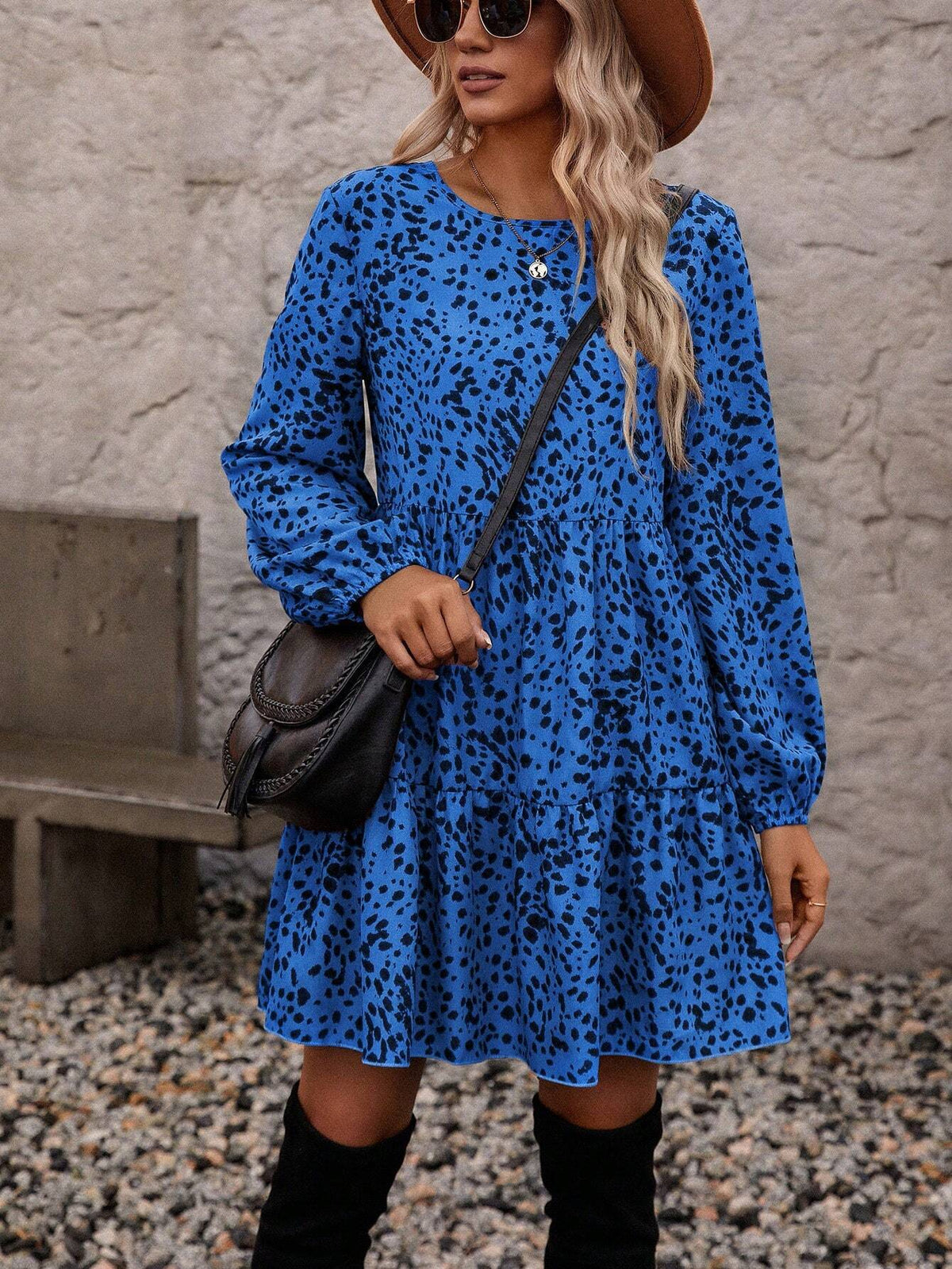 All-Over Print Round Neck Ruffle Hem Long Sleeve Dress