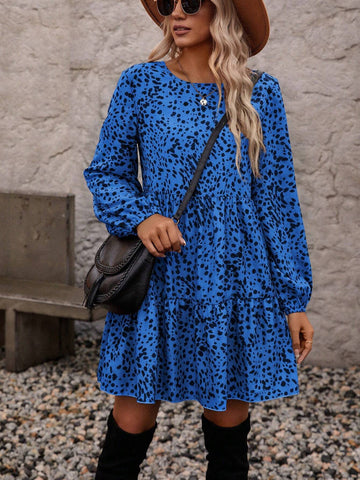 All-Over Print Round Neck Ruffle Hem Long Sleeve Dress