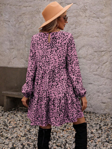 All-Over Print Round Neck Ruffle Hem Long Sleeve Dress
