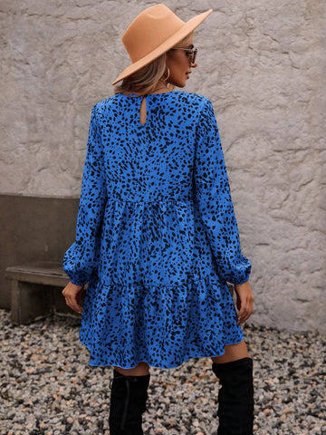 All-Over Print Round Neck Ruffle Hem Long Sleeve Dress