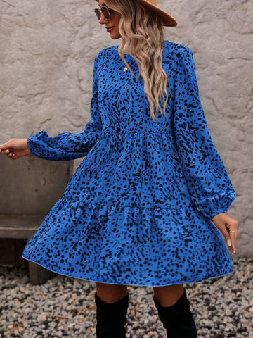 All-Over Print Round Neck Ruffle Hem Long Sleeve Dress