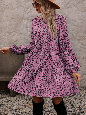 All-Over Print Round Neck Ruffle Hem Long Sleeve Dress