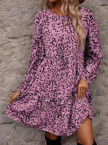 All-Over Print Round Neck Ruffle Hem Long Sleeve Dress
