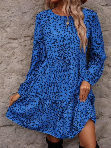 All-Over Print Round Neck Ruffle Hem Long Sleeve Dress