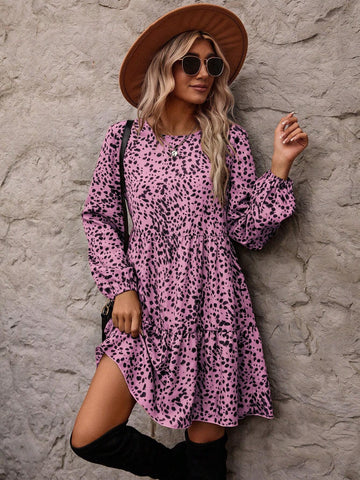 All-Over Print Round Neck Ruffle Hem Long Sleeve Dress