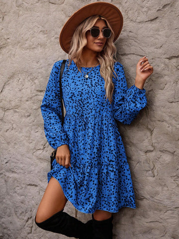 All-Over Print Round Neck Ruffle Hem Long Sleeve Dress