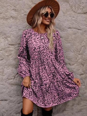 All-Over Print Round Neck Ruffle Hem Long Sleeve Dress