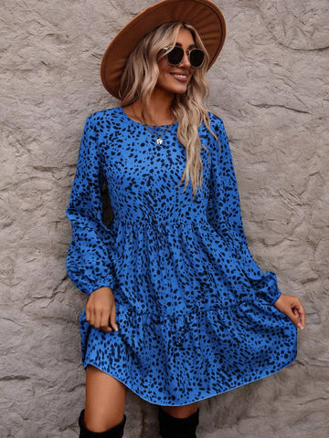 All-Over Print Round Neck Ruffle Hem Long Sleeve Dress