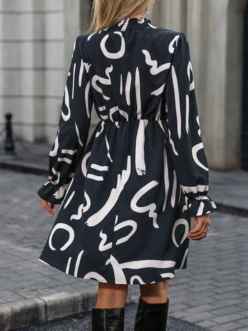 All-Over Print Stand Collar Long Sleeve Elegant Commuting Dress