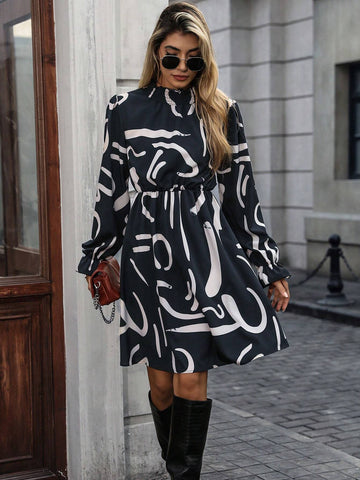 All-Over Print Stand Collar Long Sleeve Elegant Commuting Dress