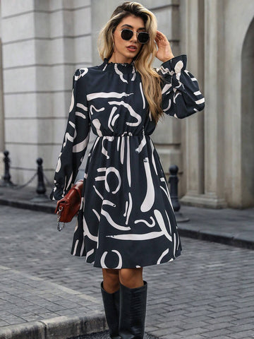All-Over Print Stand Collar Long Sleeve Elegant Commuting Dress