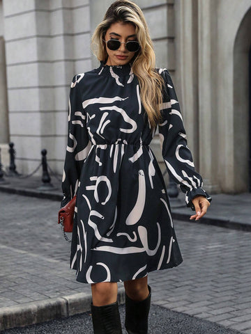 All-Over Print Stand Collar Long Sleeve Elegant Commuting Dress
