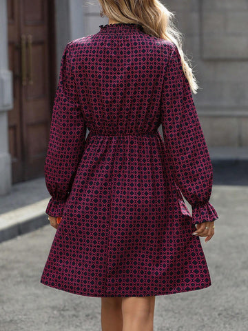 All Over Allover Print Stand Collar Pleated Hem Elegant Long Sleeve Dress