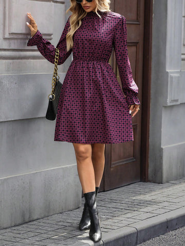 All Over Allover Print Stand Collar Pleated Hem Elegant Long Sleeve Dress