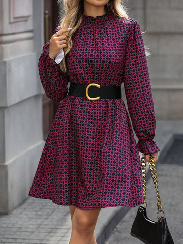 All Over Allover Print Stand Collar Pleated Hem Elegant Long Sleeve Dress