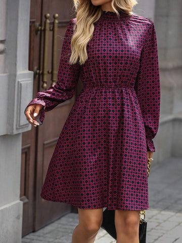 All Over Allover Print Stand Collar Pleated Hem Elegant Long Sleeve Dress