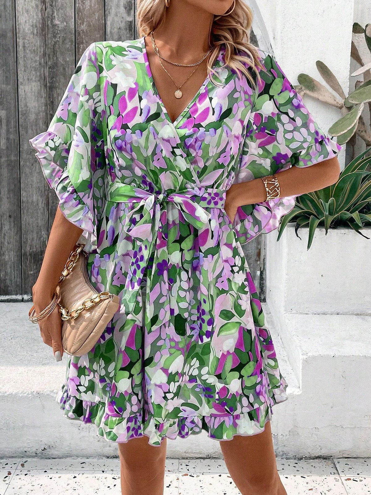 All Over Printed V-Neck Waist Belted Maxi Dress