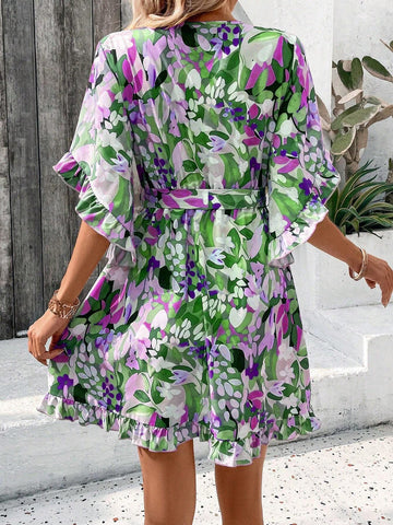 All Over Printed V-Neck Waist Belted Maxi Dress