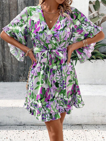 All Over Printed V-Neck Waist Belted Maxi Dress