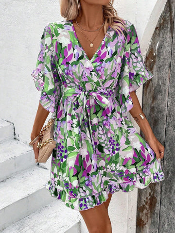 All Over Printed V-Neck Waist Belted Maxi Dress