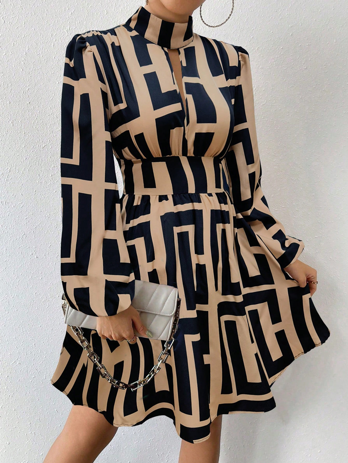 Allover Print Stand Collar Hollow Elegant Long Sleeve Dress