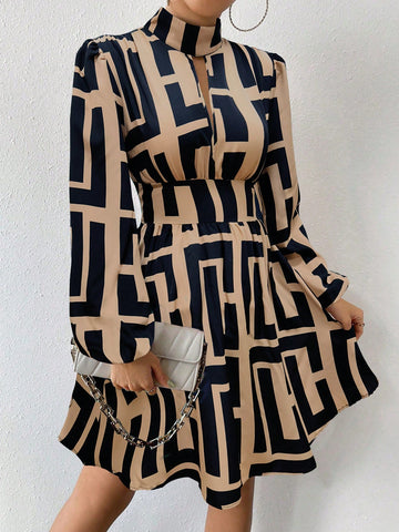 Allover Print Stand Collar Hollow Elegant Long Sleeve Dress