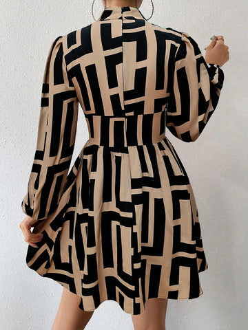 Allover Print Stand Collar Hollow Elegant Long Sleeve Dress
