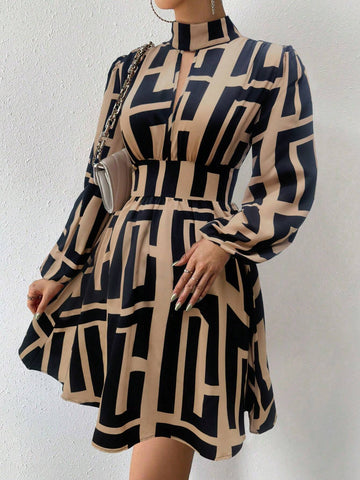 Allover Print Stand Collar Hollow Elegant Long Sleeve Dress