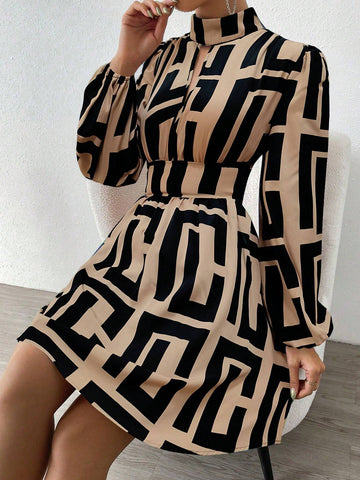 Allover Print Stand Collar Hollow Elegant Long Sleeve Dress