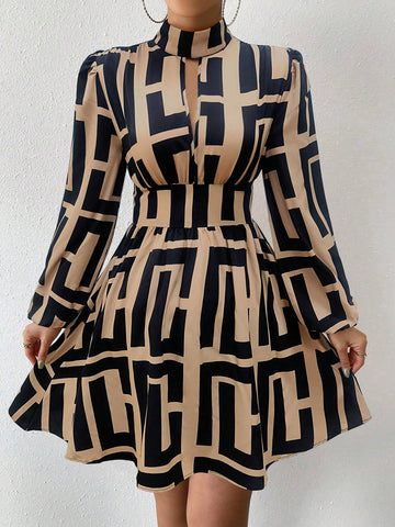 Allover Print Stand Collar Hollow Elegant Long Sleeve Dress
