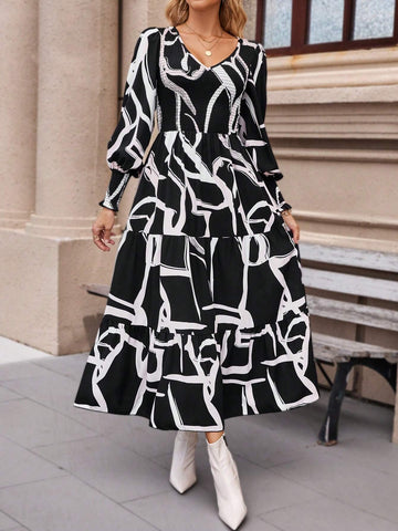 Allover Print V-Neck Long Sleeve Ruffle Hem Dress