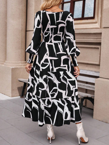 Allover Print V-Neck Long Sleeve Ruffle Hem Dress