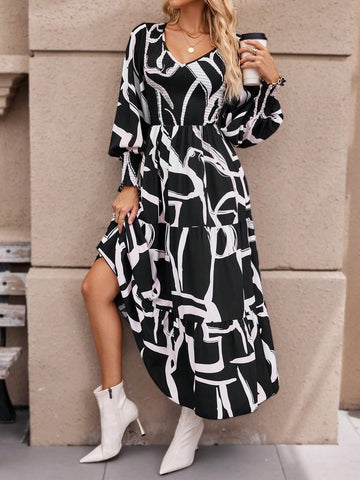 Allover Print V-Neck Long Sleeve Ruffle Hem Dress