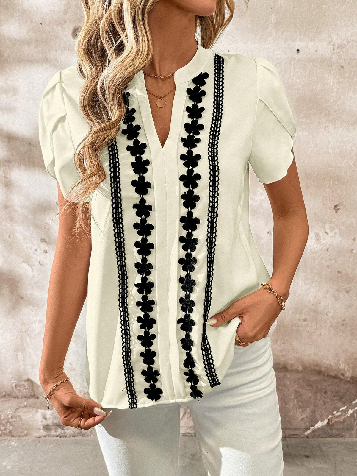 Clasi Apricot Contrast Black Ruffle V-Neck Tulip Sleeve Fitted Women Shirt