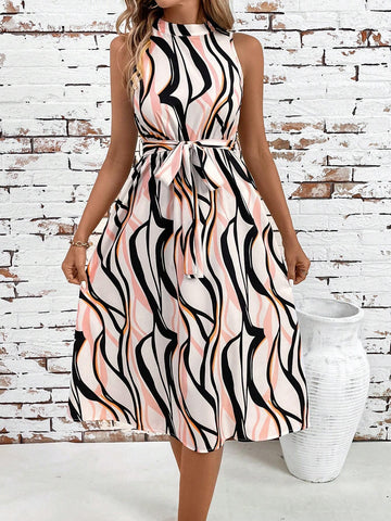 Artistic Cherry Blossoms Print Summer Mid-Length Dress