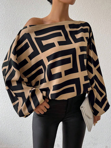 Clasi Asymmetric Neckline Geometric Printed Casual Long Sleeve Shirt