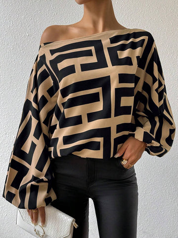 Clasi Asymmetric Neckline Geometric Printed Casual Long Sleeve Shirt