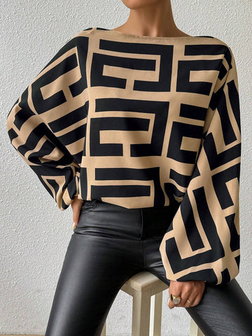 Clasi Asymmetric Neckline Geometric Printed Casual Long Sleeve Shirt