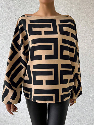 Clasi Asymmetric Neckline Geometric Printed Casual Long Sleeve Shirt