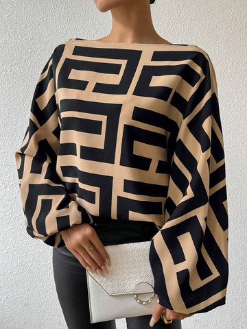 Clasi Asymmetric Neckline Geometric Printed Casual Long Sleeve Shirt