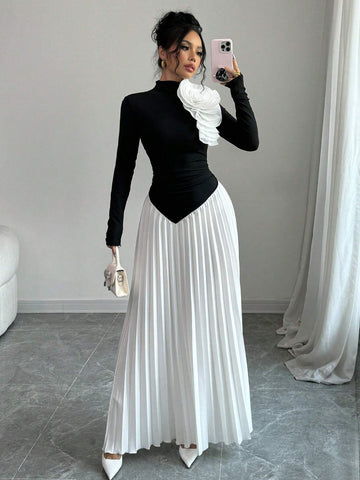Asymmetrical Pleated Colorblock 3D Flower Decor Elegant Women Dress