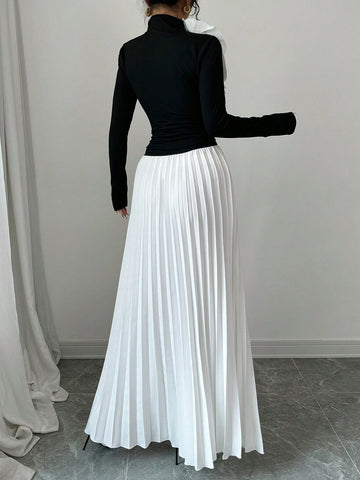 Asymmetrical Pleated Colorblock 3D Flower Decor Elegant Women Dress