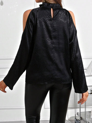 Clasi Autumn Black Leopard Jacquard Satin High Collar Sleeveless Shirt With Long Sleeves For Women