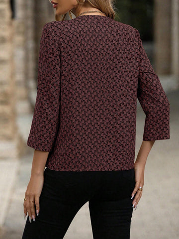 Clasi Autumn Casual All-Over Allover Print V-Neck Roll-Up Sleeve Shirt