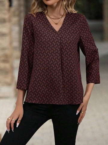 Clasi Autumn Casual All-Over Allover Print V-Neck Roll-Up Sleeve Shirt