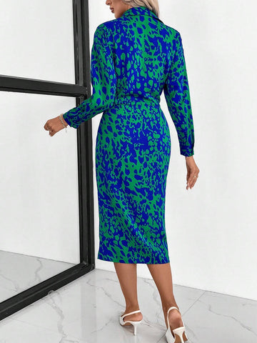 Autumn Casual Allover Print Button Front Shirt Dress