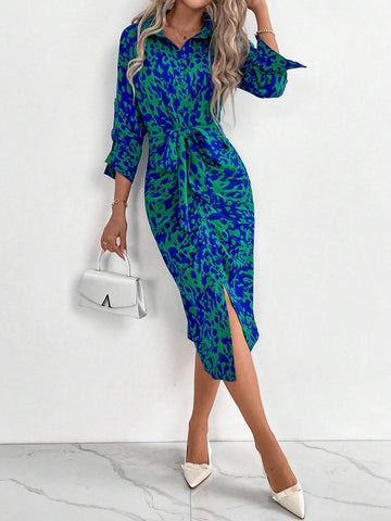 Autumn Casual Allover Print Button Front Shirt Dress