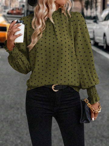 Clasi Autumn Casual Polka Dot Print Puff Sleeve Blouse